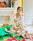 White Anarkali Suit With Embellished Top & Green Dupatta