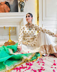 White Anarkali Suit With Embellished Top & Green Dupatta