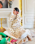 White Anarkali Suit With Embellished Top & Green Dupatta