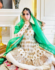 White Anarkali Suit With Embellished Top & Green Dupatta