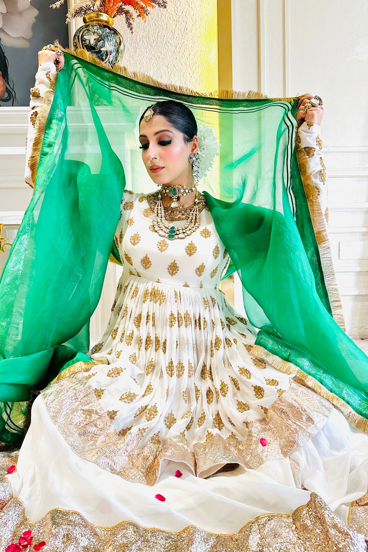 White Anarkali Suit With Embellished Top & Green Dupatta