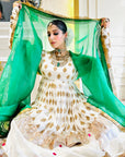 White Anarkali Suit With Embellished Top & Green Dupatta