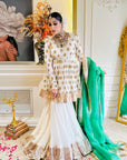 White Anarkali Suit With Embellished Top & Green Dupatta