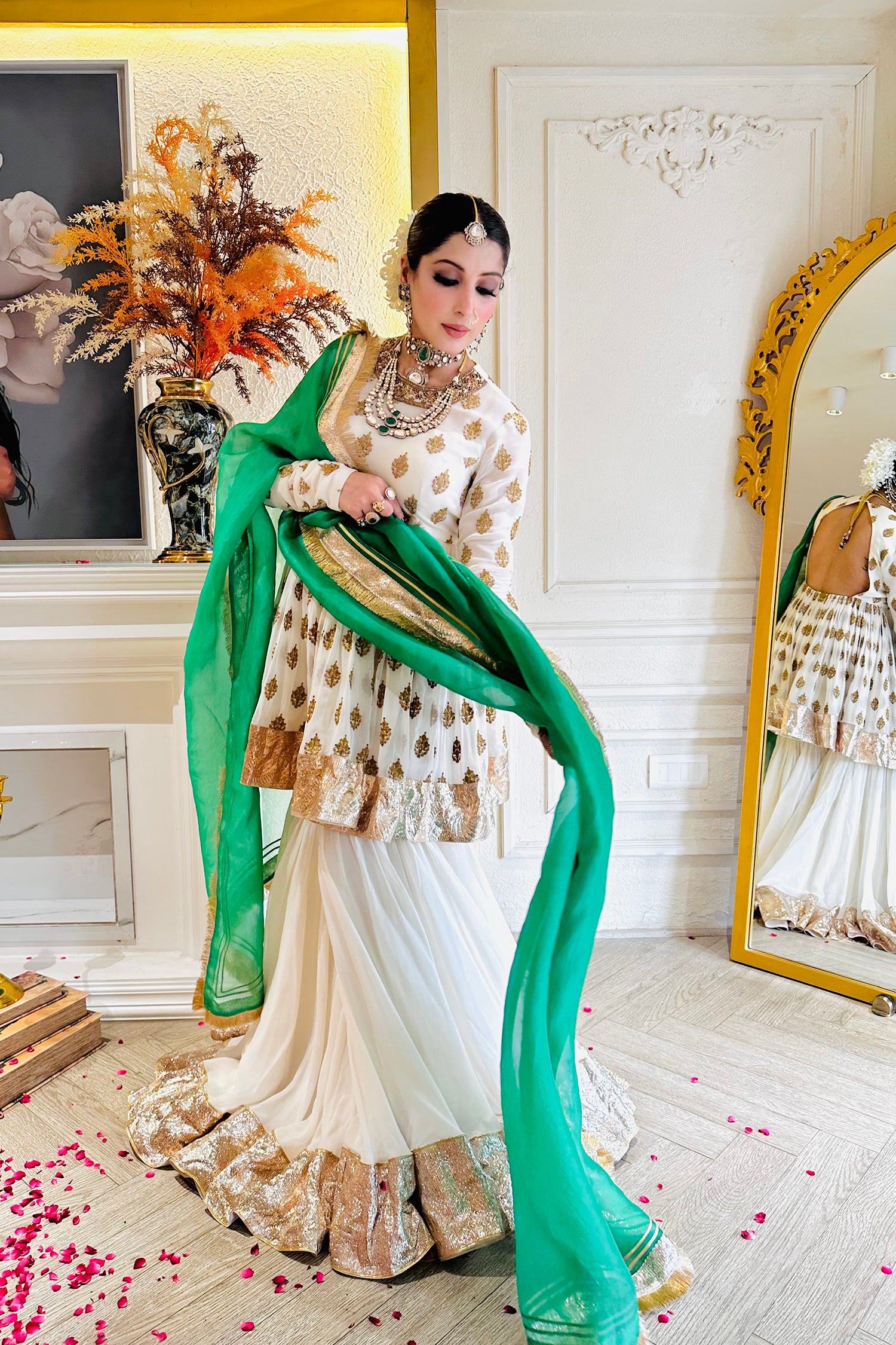 White Anarkali Suit With Embellished Top & Green Dupatta