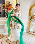 White Anarkali Suit With Embellished Top & Green Dupatta