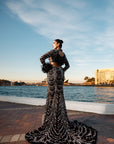 Black Fish Cut Gown With Black Trail And Decorated With Silver Embroidery