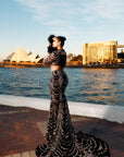Black Fish Cut Gown With Black Trail And Decorated With Silver Embroidery