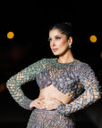 Silver-Gray Encrusted Slit Fish Cut Lehenga