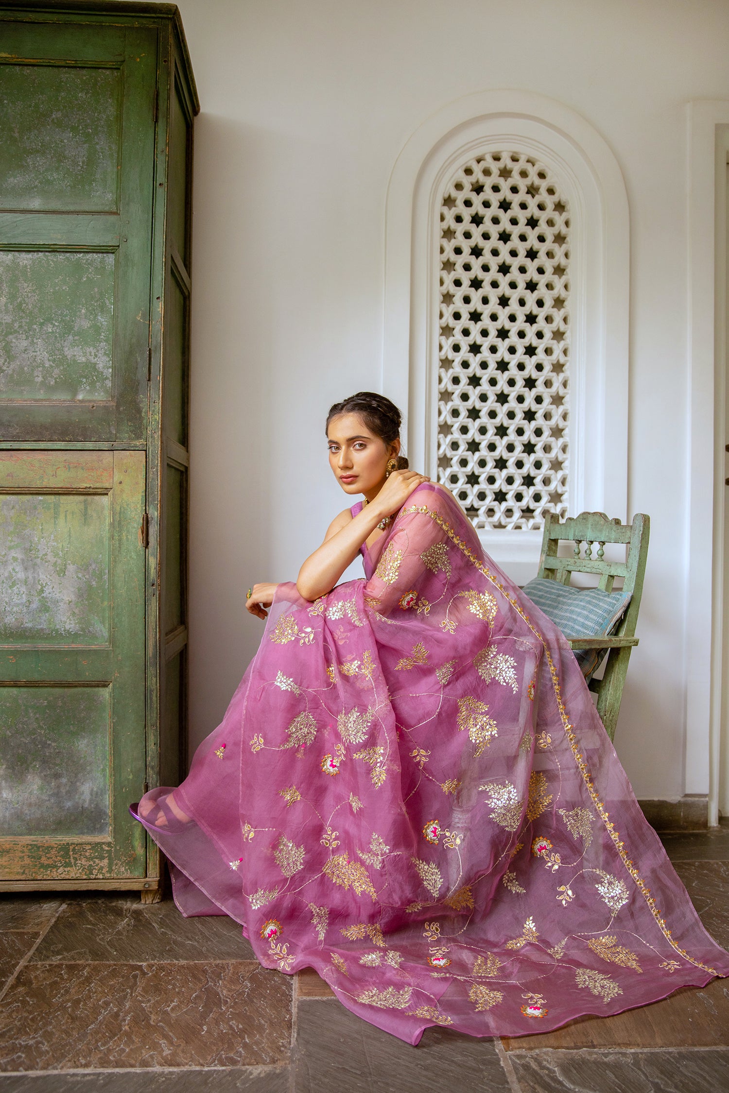 Lilac Hand Embroidered Jaal Saree Set