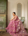 Lilac Hand Embroidered Jaal Saree Set