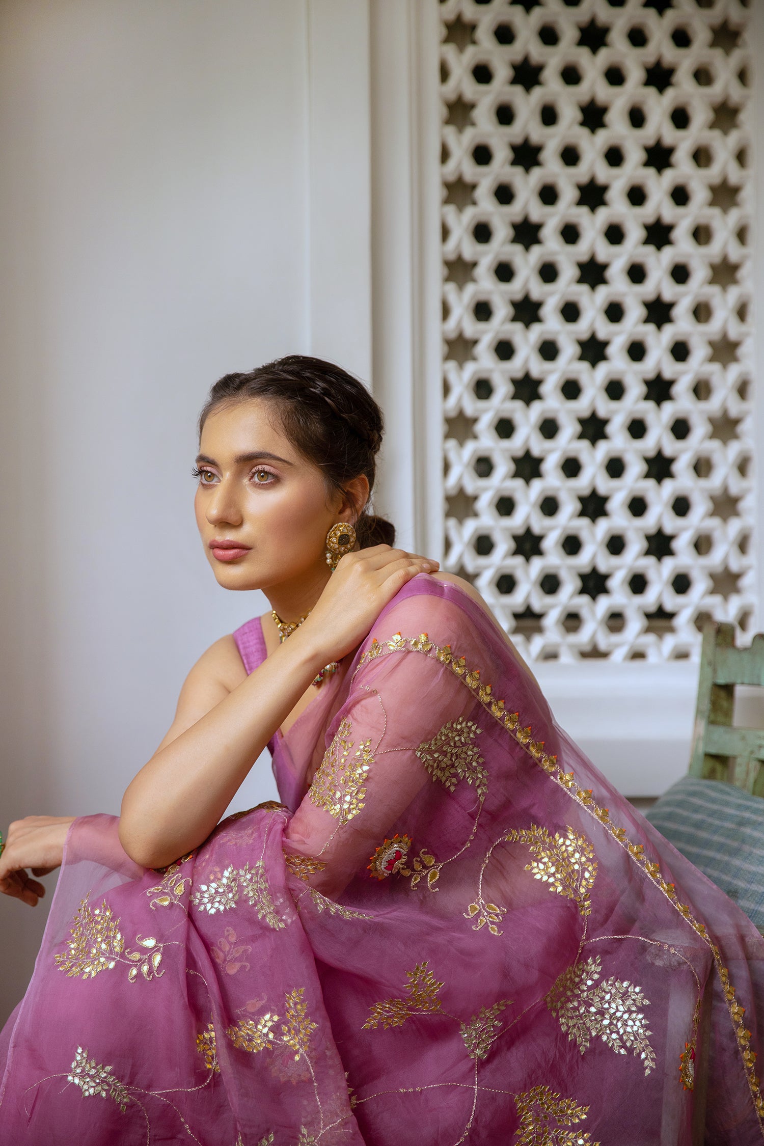 Lilac Hand Embroidered Jaal Saree Set