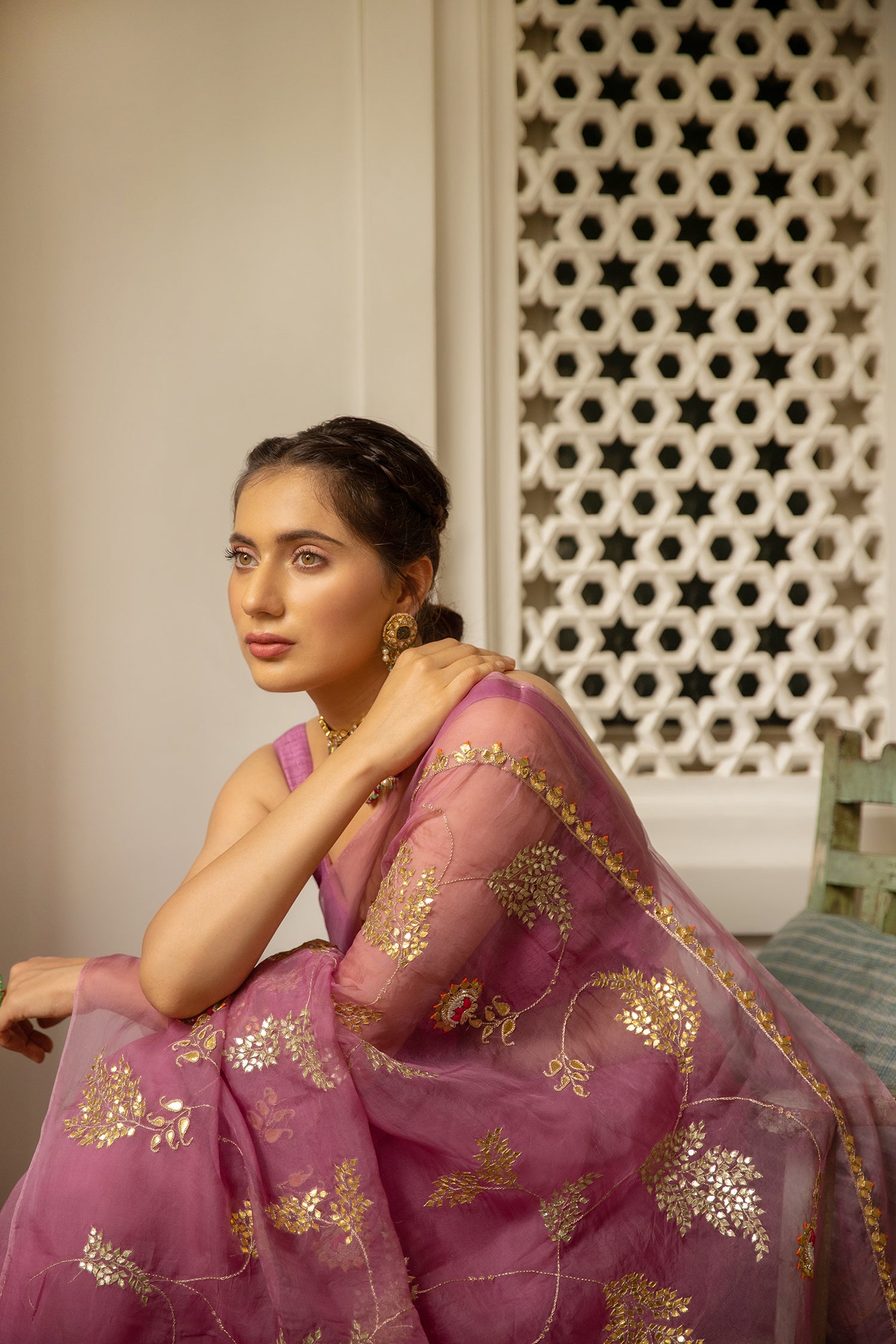 Lilac Hand Embroidered Jaal Saree Set