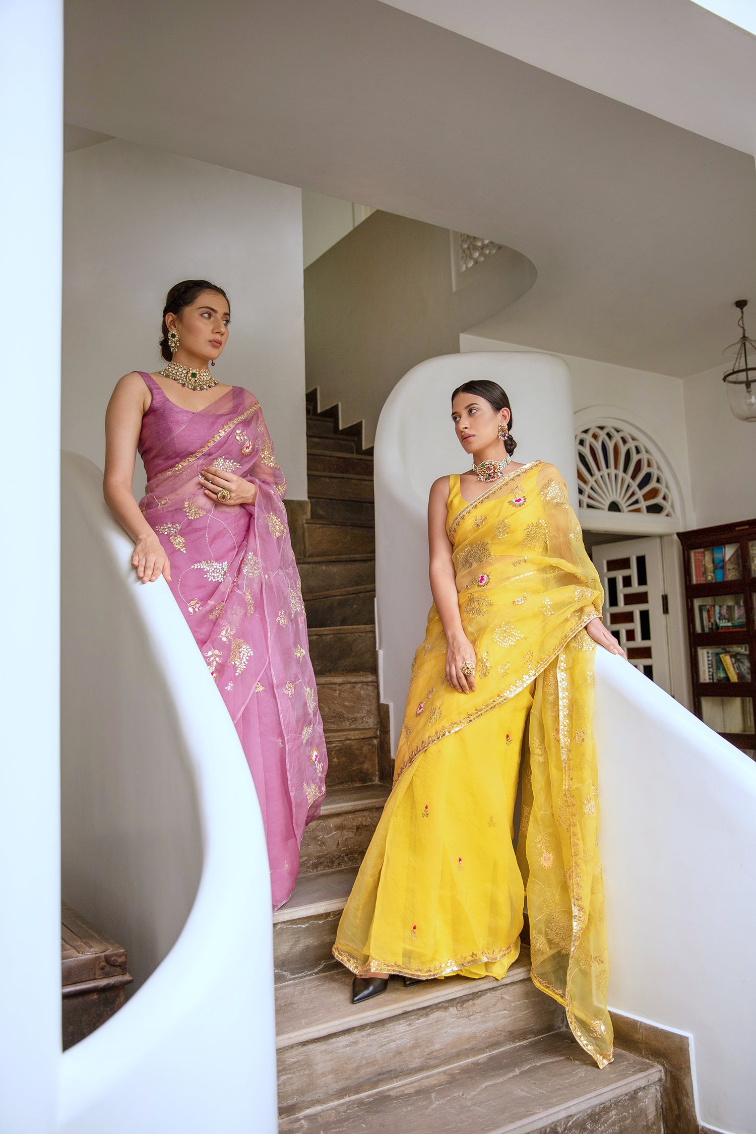 Yellow Hand Embroidered Gota Patti Jaal Saree Set