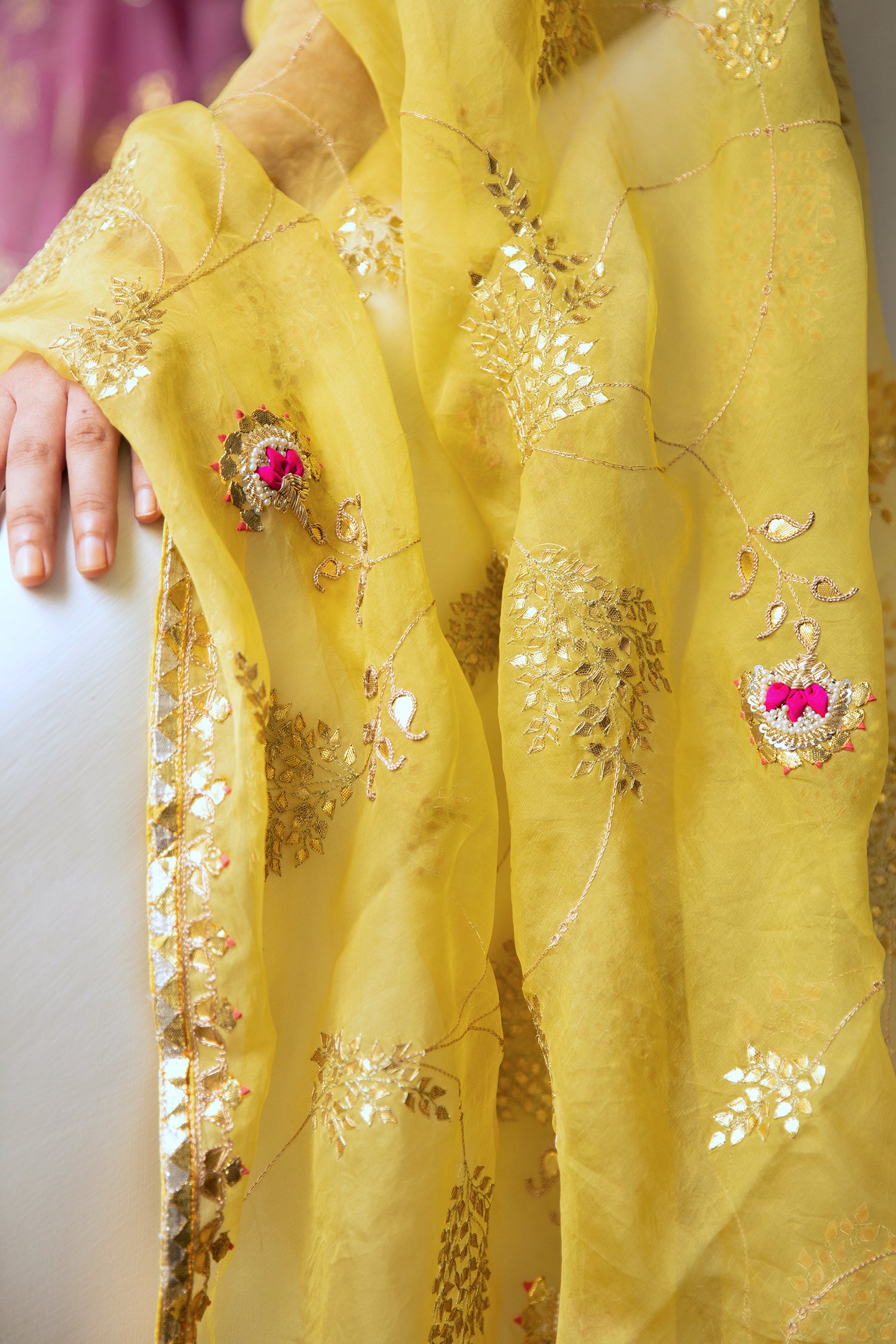Yellow Hand Embroidered Gota Patti Jaal Saree Set