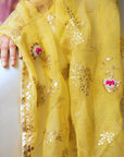 Yellow Hand Embroidered Gota Patti Jaal Saree Set