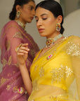 Yellow Hand Embroidered Gota Patti Jaal Saree Set