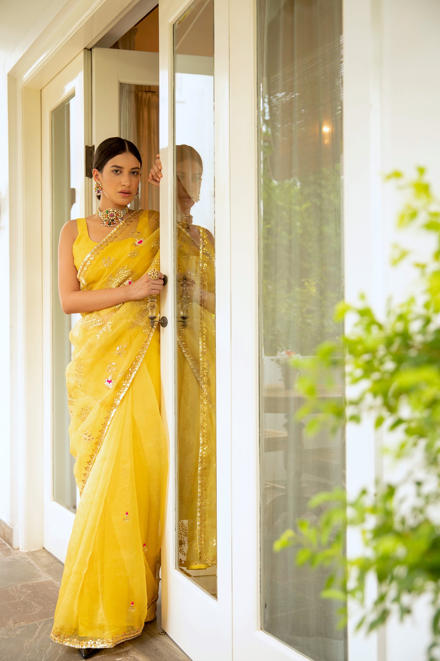 Yellow Hand Embroidered Gota Patti Jaal Saree Set