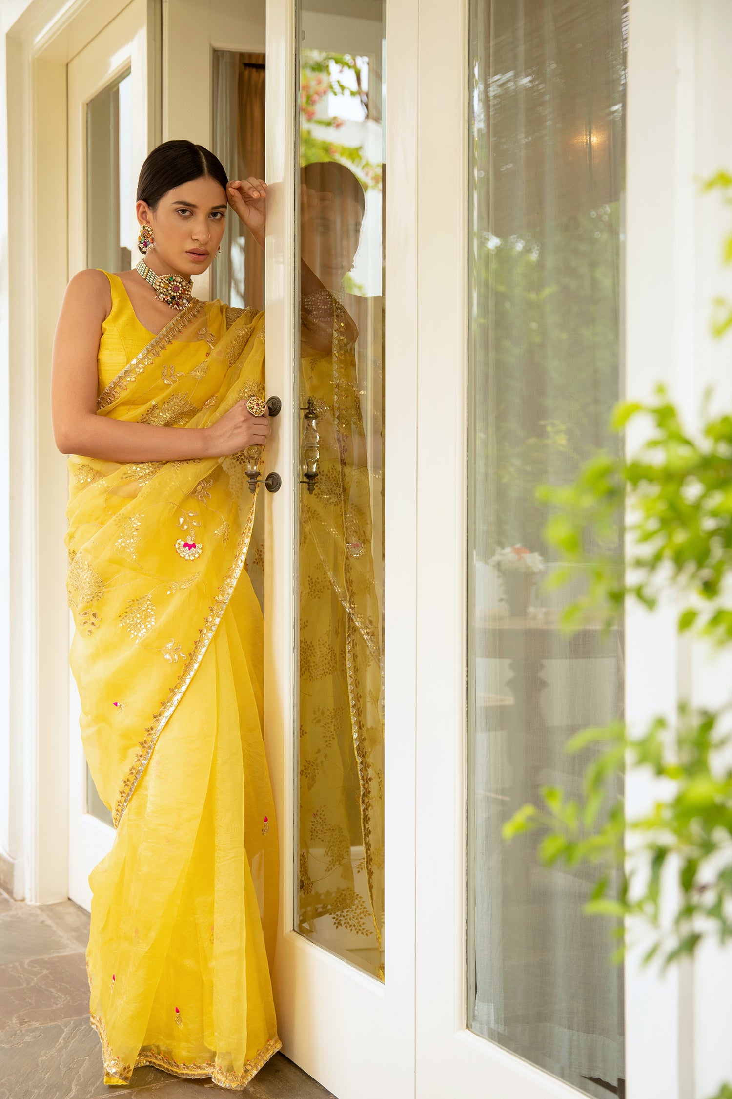 Yellow Hand Embroidered Gota Patti Jaal Saree Set