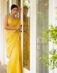 Yellow Hand Embroidered Gota Patti Jaal Saree Set