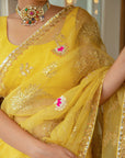 Yellow Hand Embroidered Gota Patti Jaal Saree Set