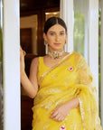 Yellow Hand Embroidered Gota Patti Jaal Saree Set
