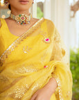 Yellow Hand Embroidered Gota Patti Jaal Saree Set