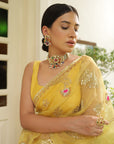 Yellow Hand Embroidered Gota Patti Jaal Saree Set