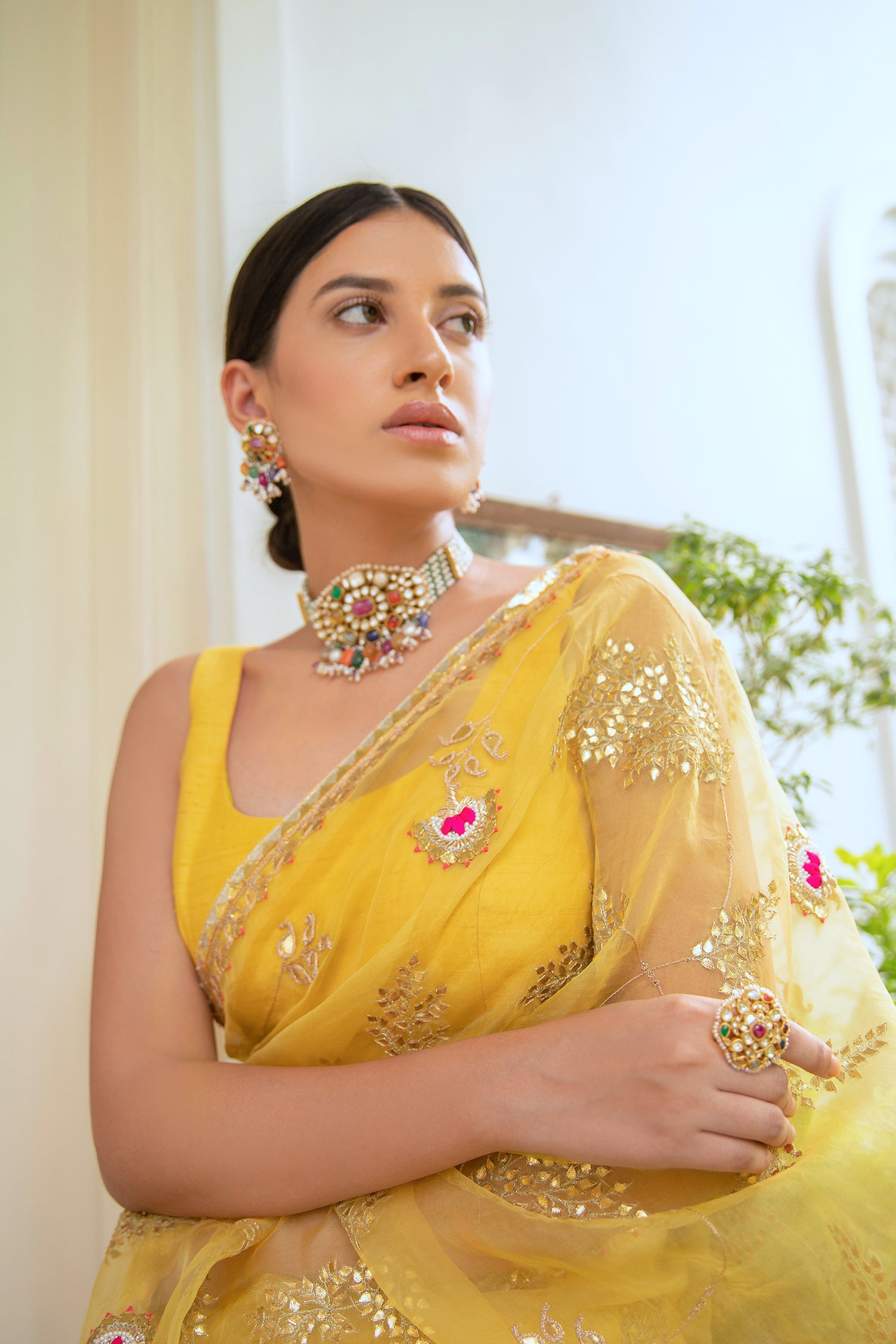 Yellow Hand Embroidered Gota Patti Jaal Saree Set