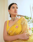 Yellow Hand Embroidered Gota Patti Jaal Saree Set