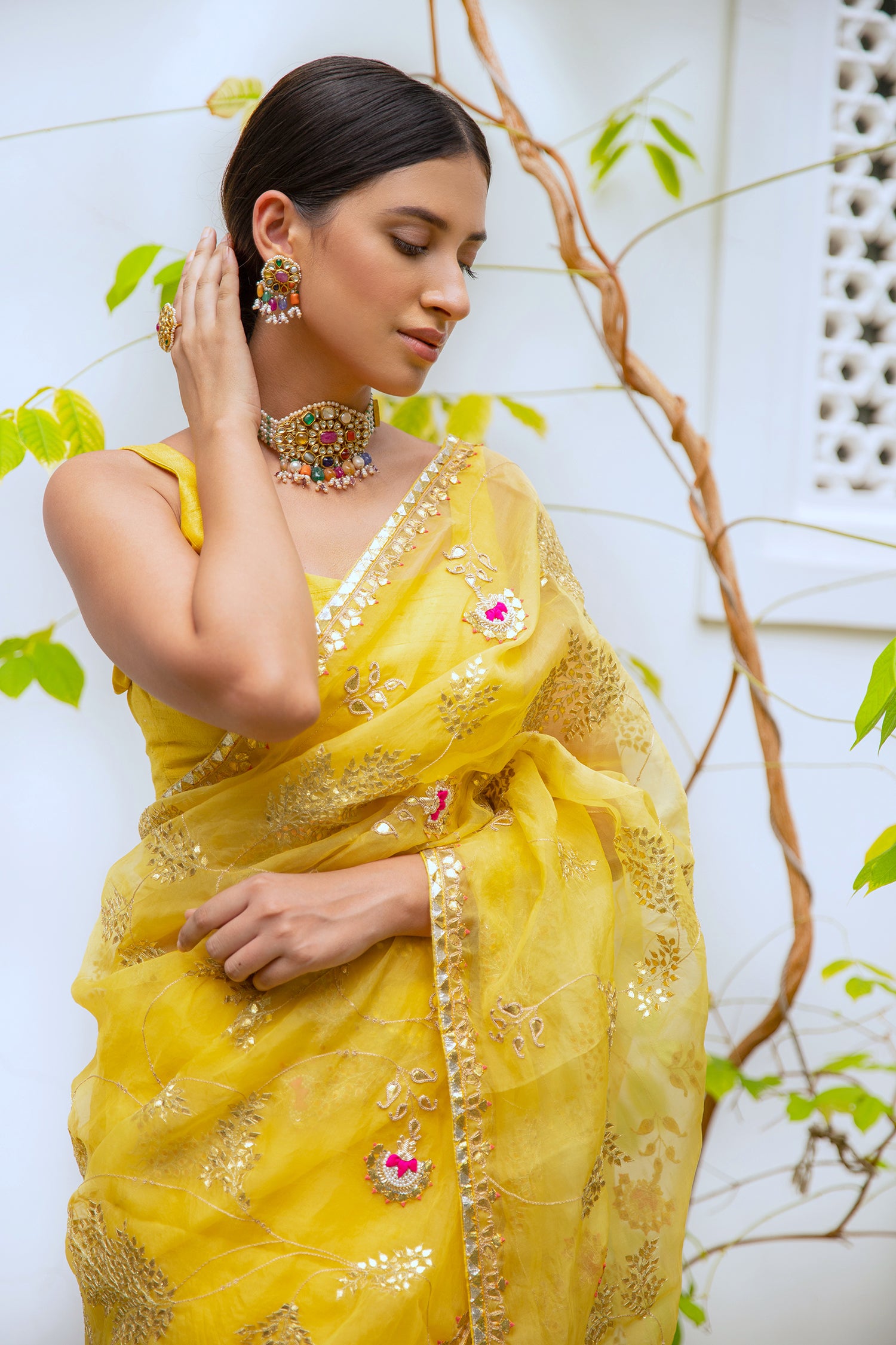 Yellow Hand Embroidered Gota Patti Jaal Saree Set