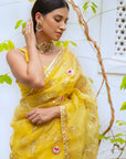 Yellow Hand Embroidered Gota Patti Jaal Saree Set