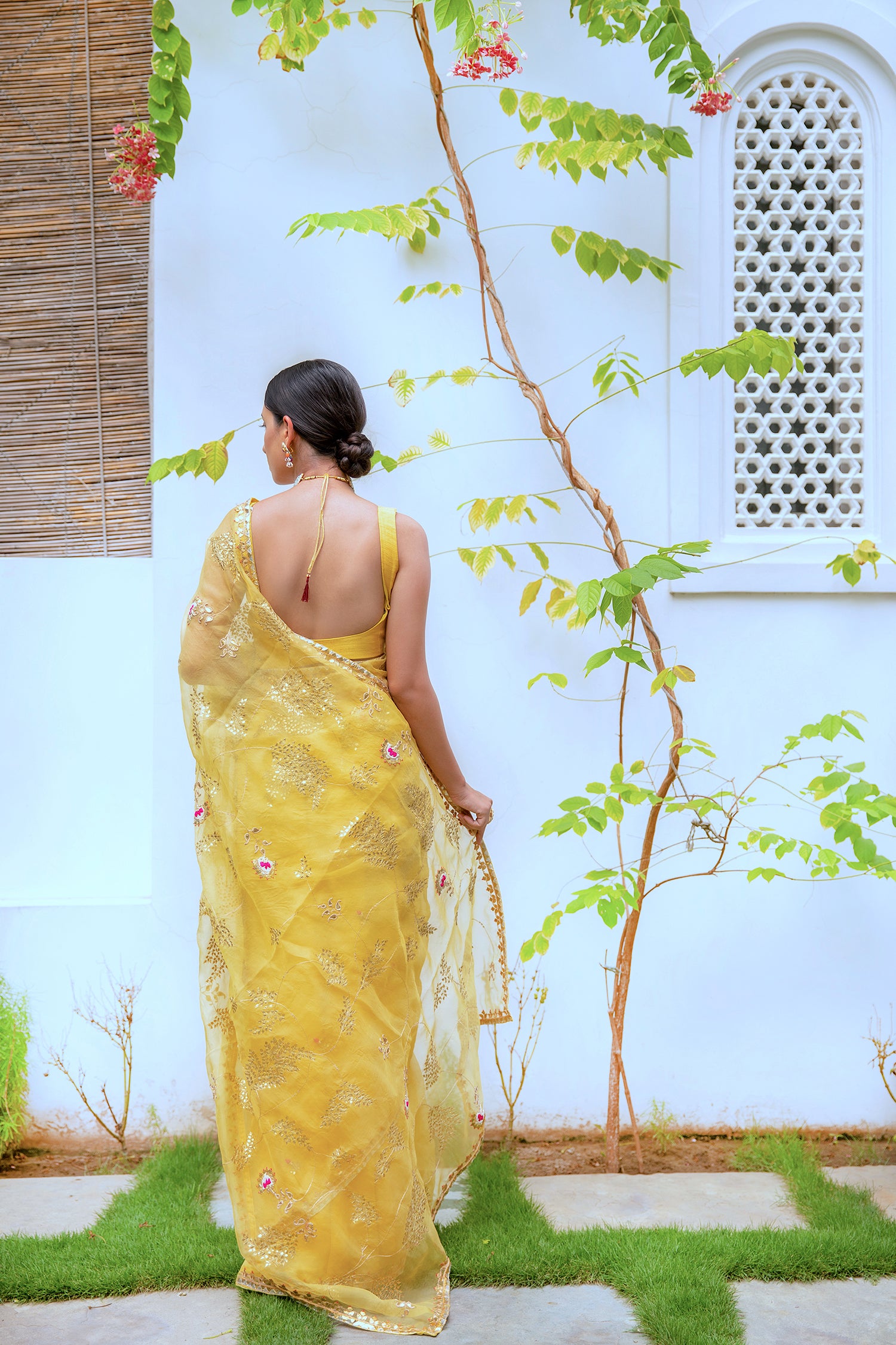 Yellow Hand Embroidered Gota Patti Jaal Saree Set