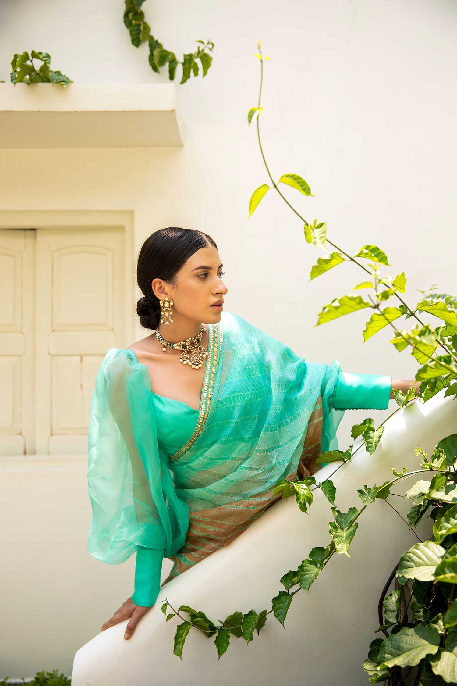 Sea Green Hand Embroidered Lahariya Saree Set