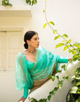 Sea Green Hand Embroidered Lahariya Saree Set