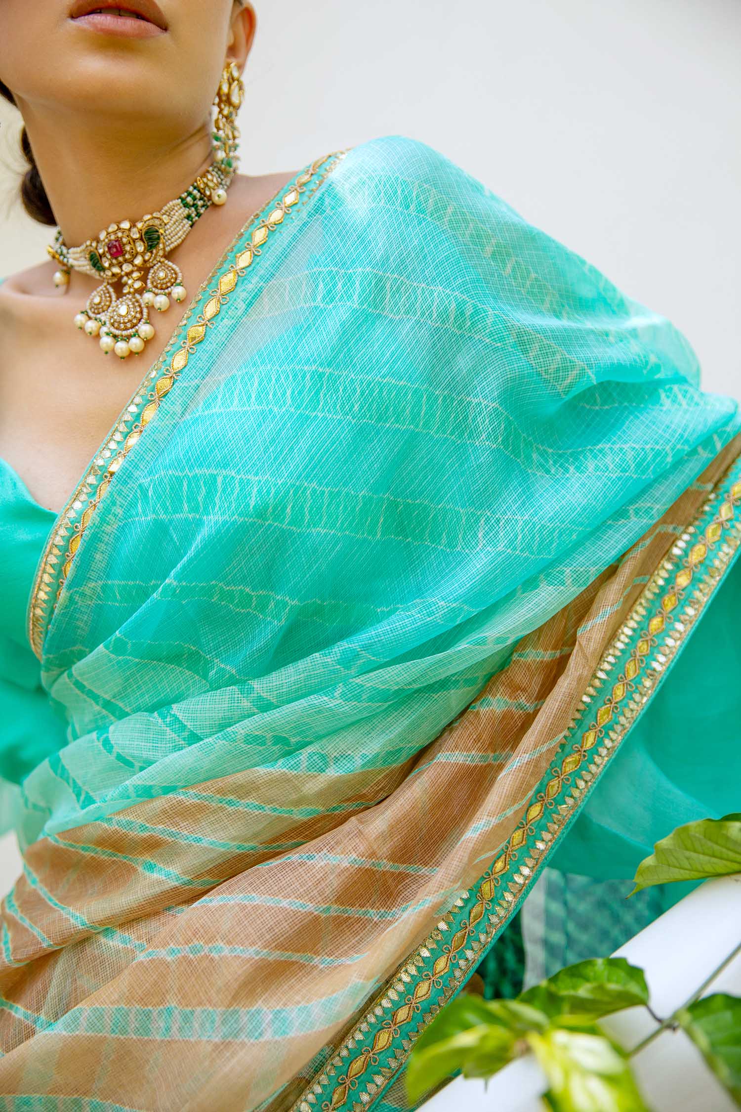 Sea Green Hand Embroidered Lahariya Saree Set