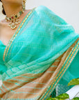 Sea Green Hand Embroidered Lahariya Saree Set