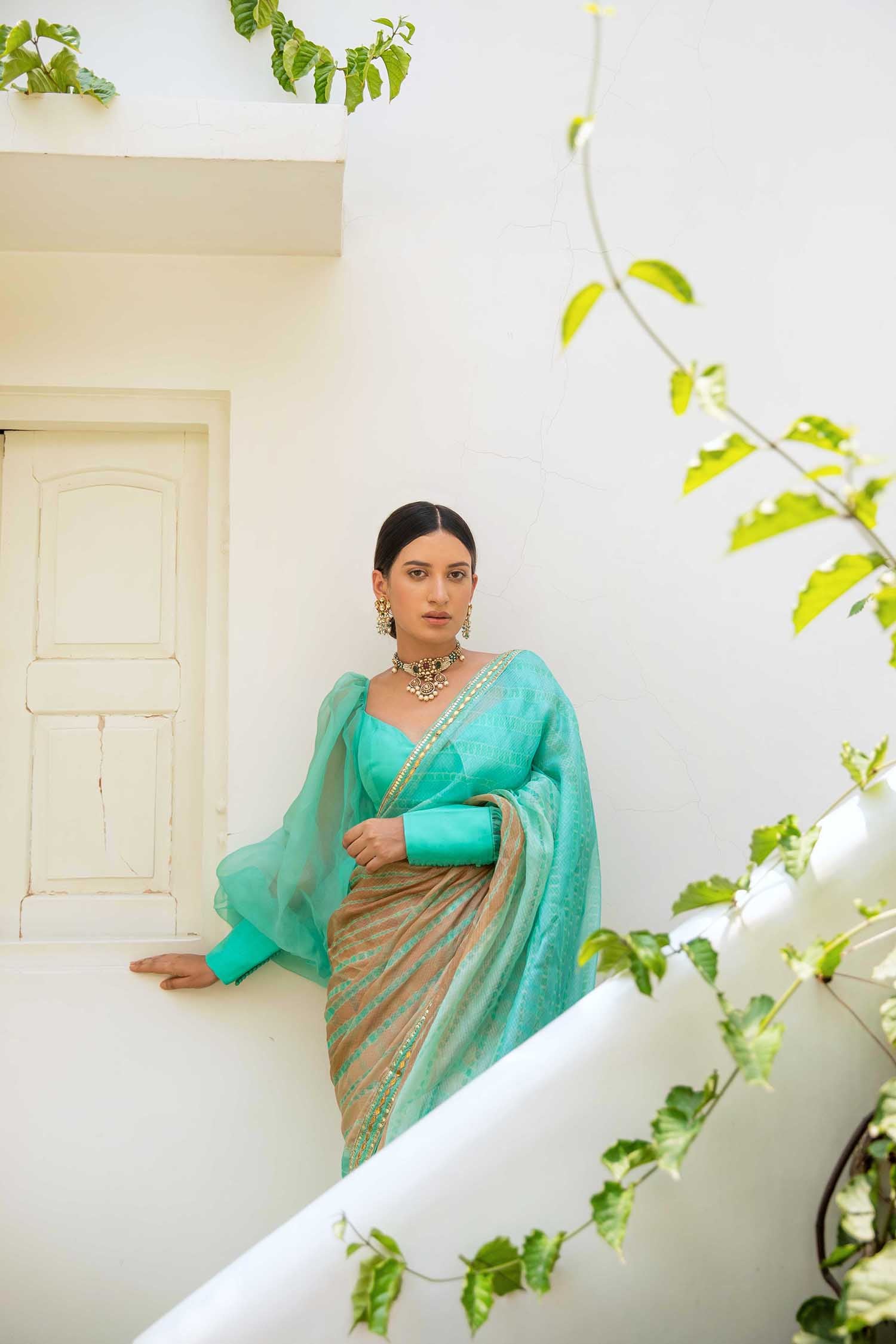 Sea Green Hand Embroidered Lahariya Saree Set