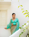Sea Green Hand Embroidered Lahariya Saree Set