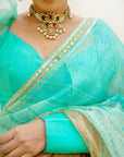 Sea Green Hand Embroidered Lahariya Saree Set
