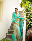 Sea Green Hand Embroidered Lahariya Saree Set