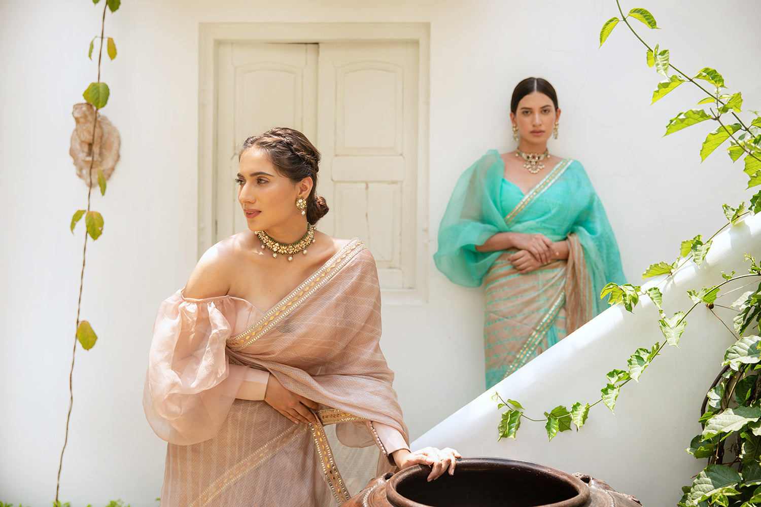 Beige Nude Hand Embroidered Lahariya Saree Set