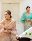 Beige Nude Hand Embroidered Lahariya Saree Set