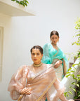 Beige Nude Hand Embroidered Lahariya Saree Set