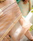 Beige Nude Hand Embroidered Lahariya Saree Set