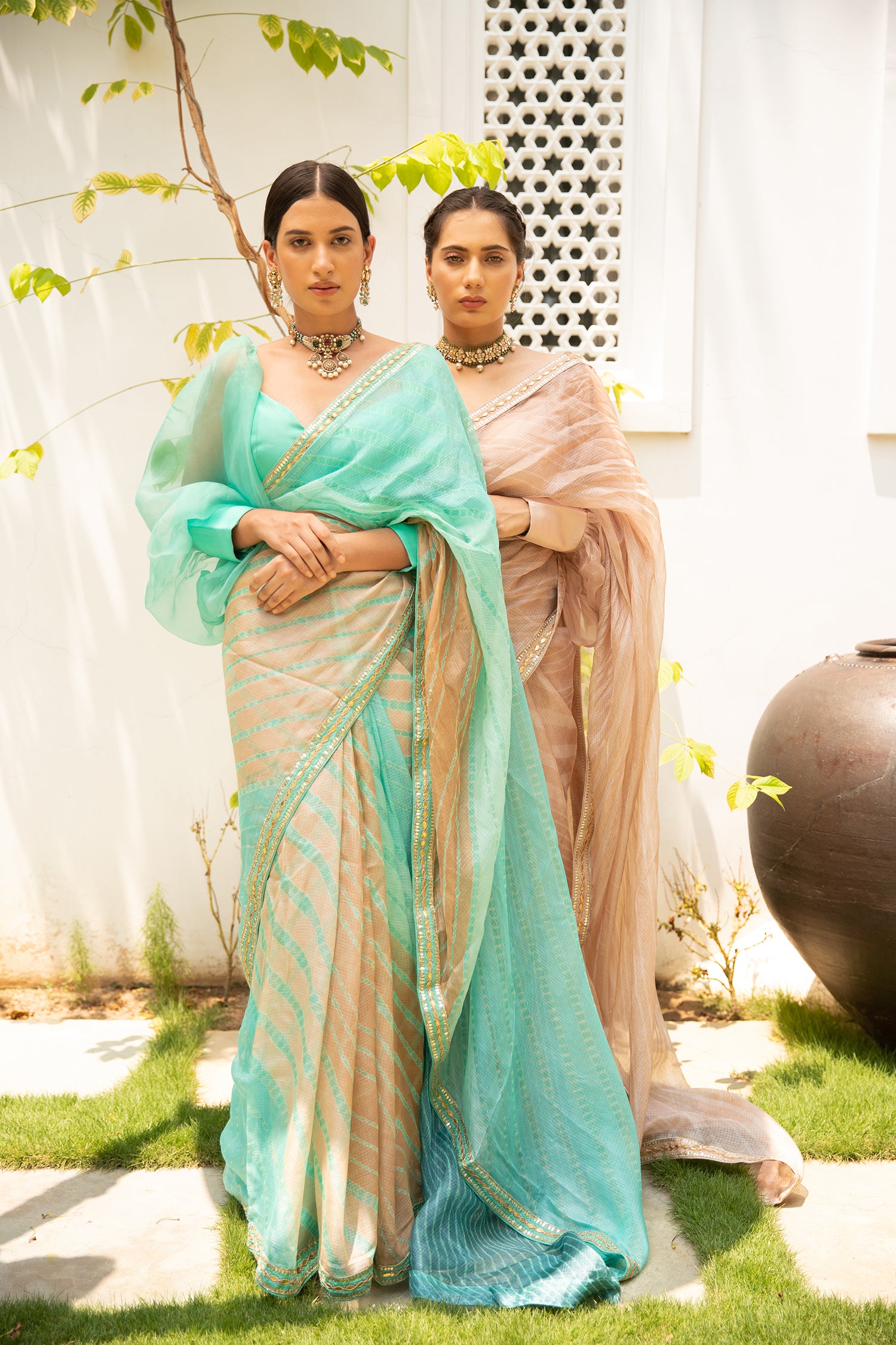 Sea Green Hand Embroidered Lahariya Saree Set