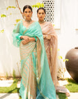 Sea Green Hand Embroidered Lahariya Saree Set