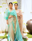 Beige Nude Hand Embroidered Lahariya Saree Set