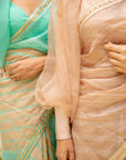 Sea Green Hand Embroidered Lahariya Saree Set
