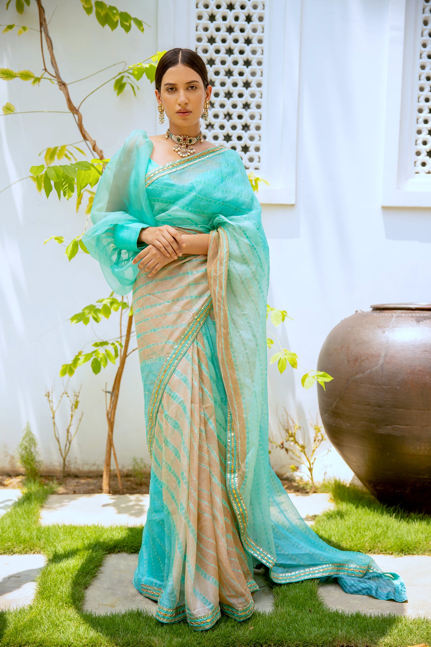 Sea Green Hand Embroidered Lahariya Saree Set