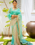 Sea Green Hand Embroidered Lahariya Saree Set